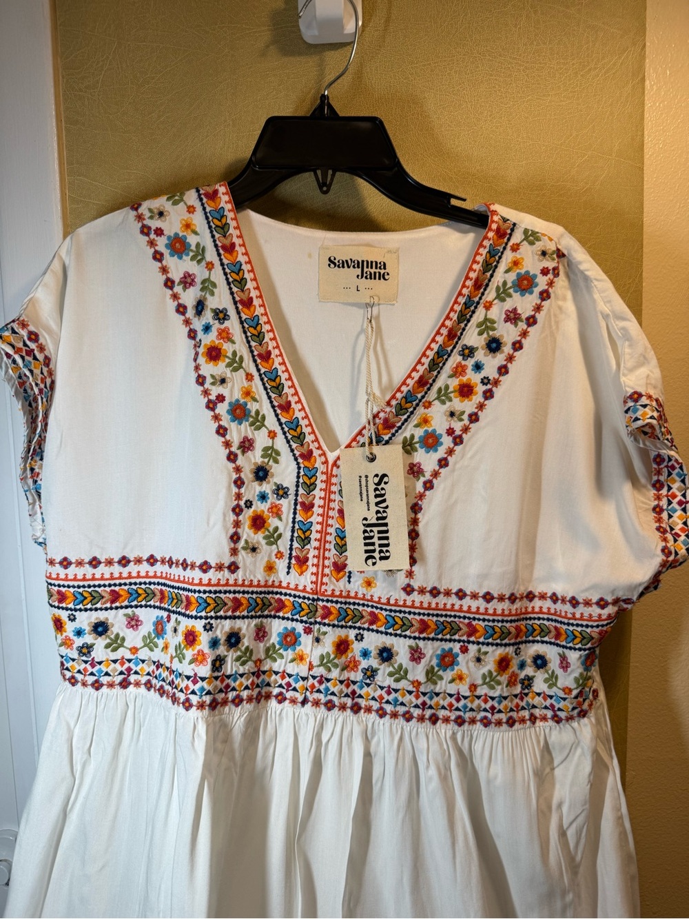 Savanna Jane White Embroidered V-Neck Tunic with Multicolor Floral Trim